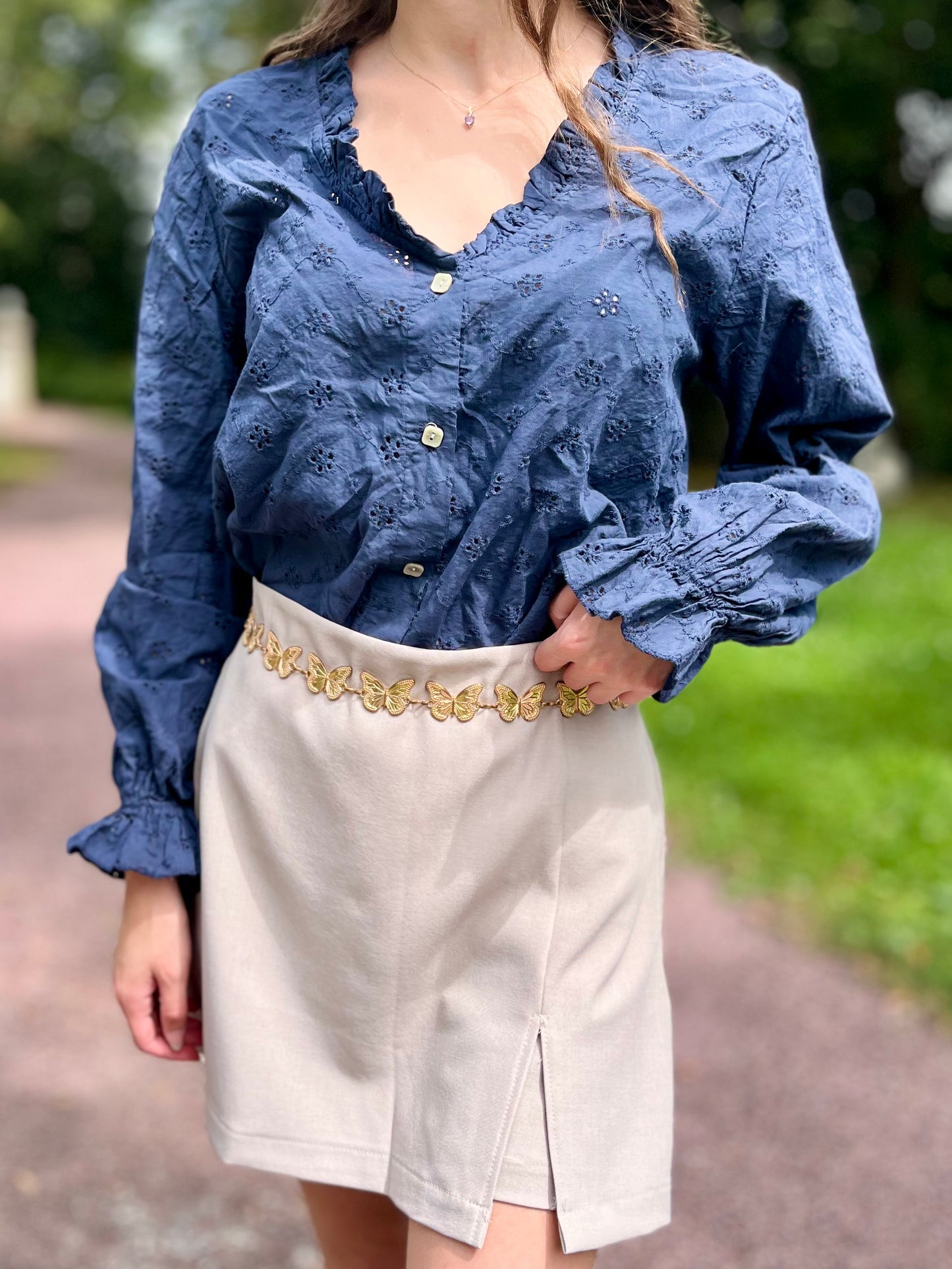 Blouse broderie 100% coton - bleu marine