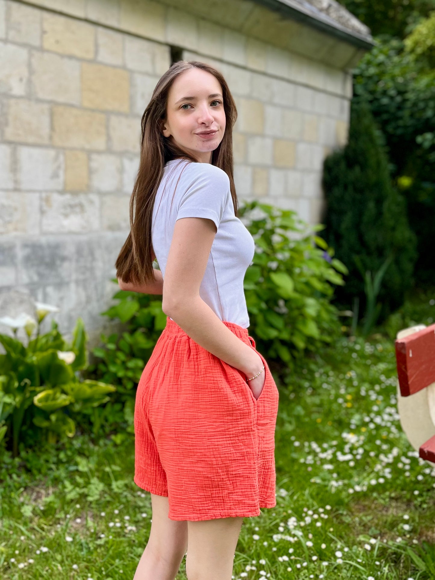 Short gaze de coton Petite Taille - corail