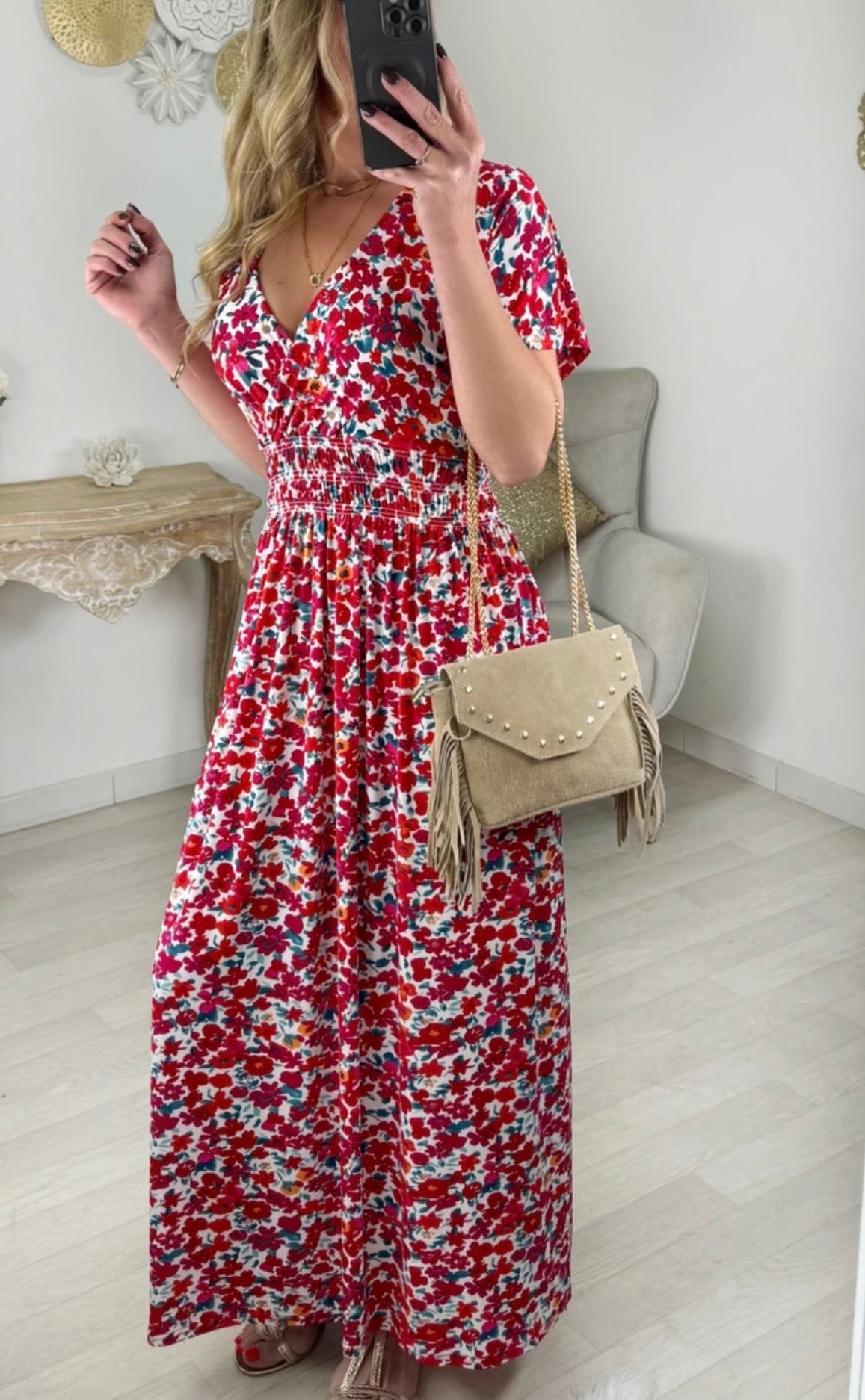 Robe longue fleurie - rouge