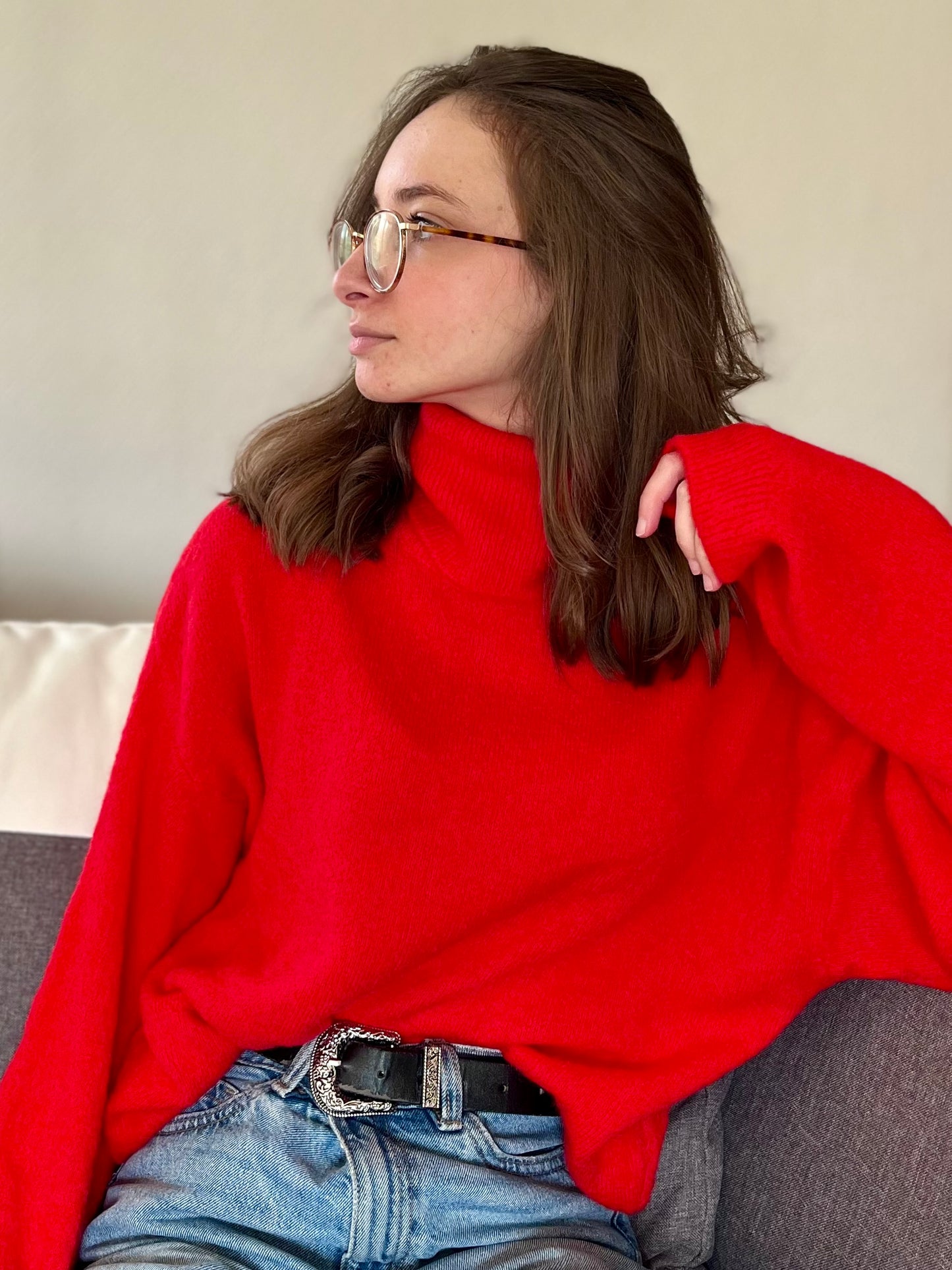 Pull col roulé - rouge