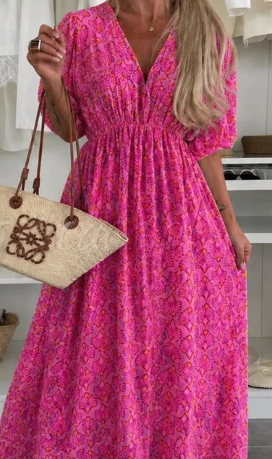 Robe gaze de coton motifs - rose et orange