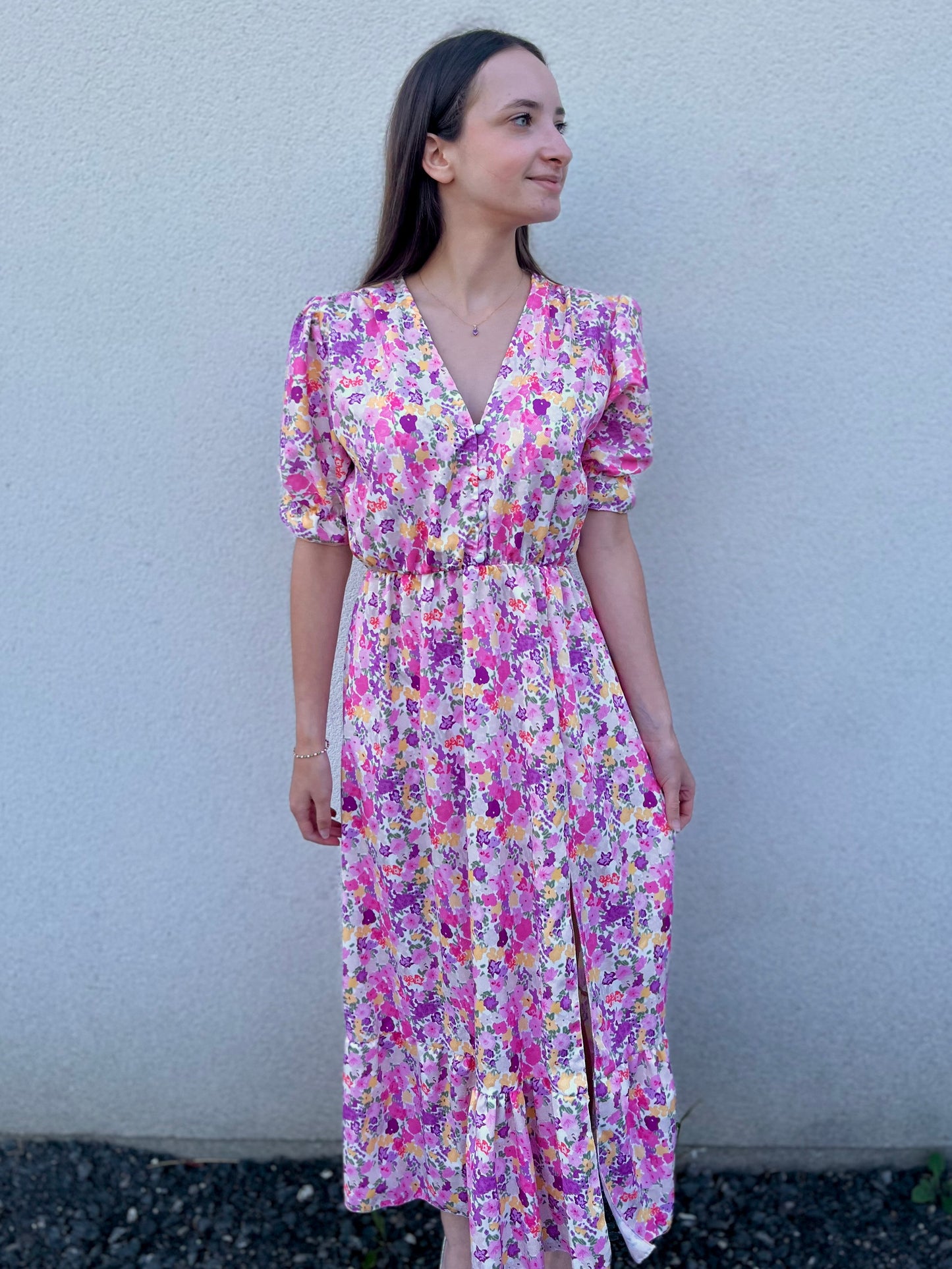 Robe longue à motifs - rose et lilas