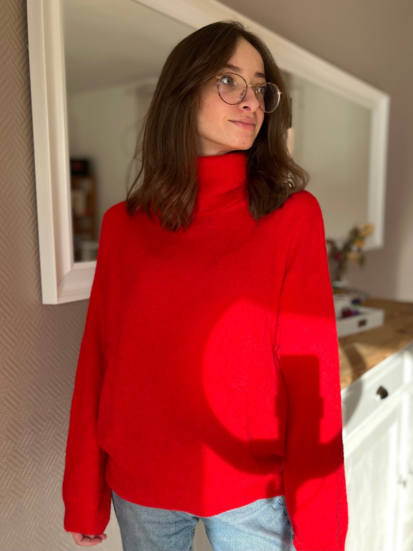 Pull col roulé - rouge