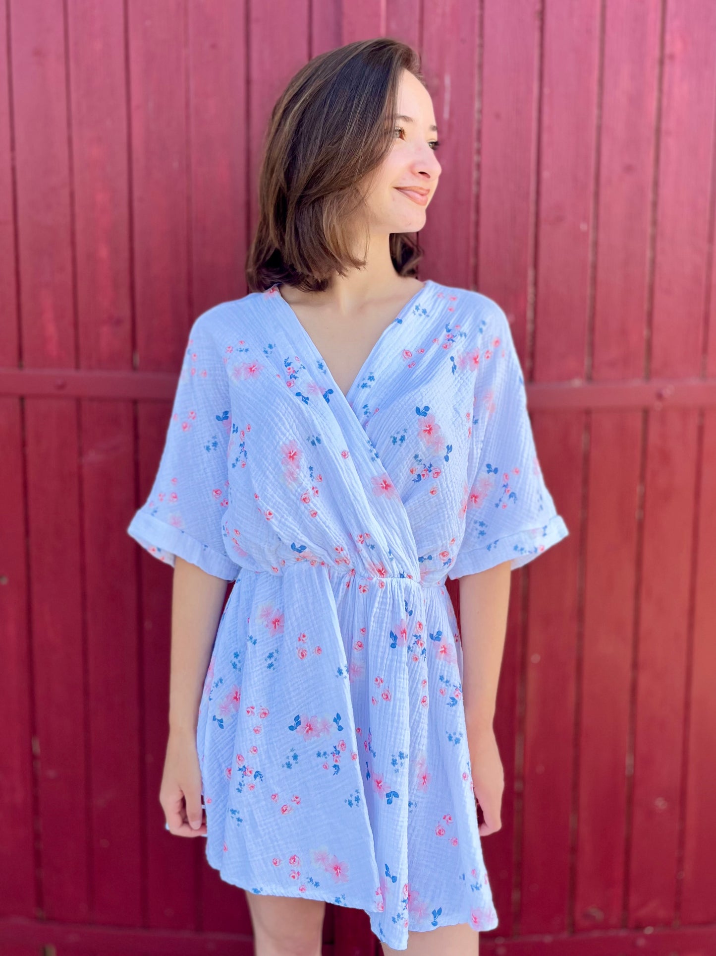 Combi-short fleurie gaze de coton - blanc