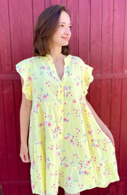 Robe fleurie gaze de coton - jaune