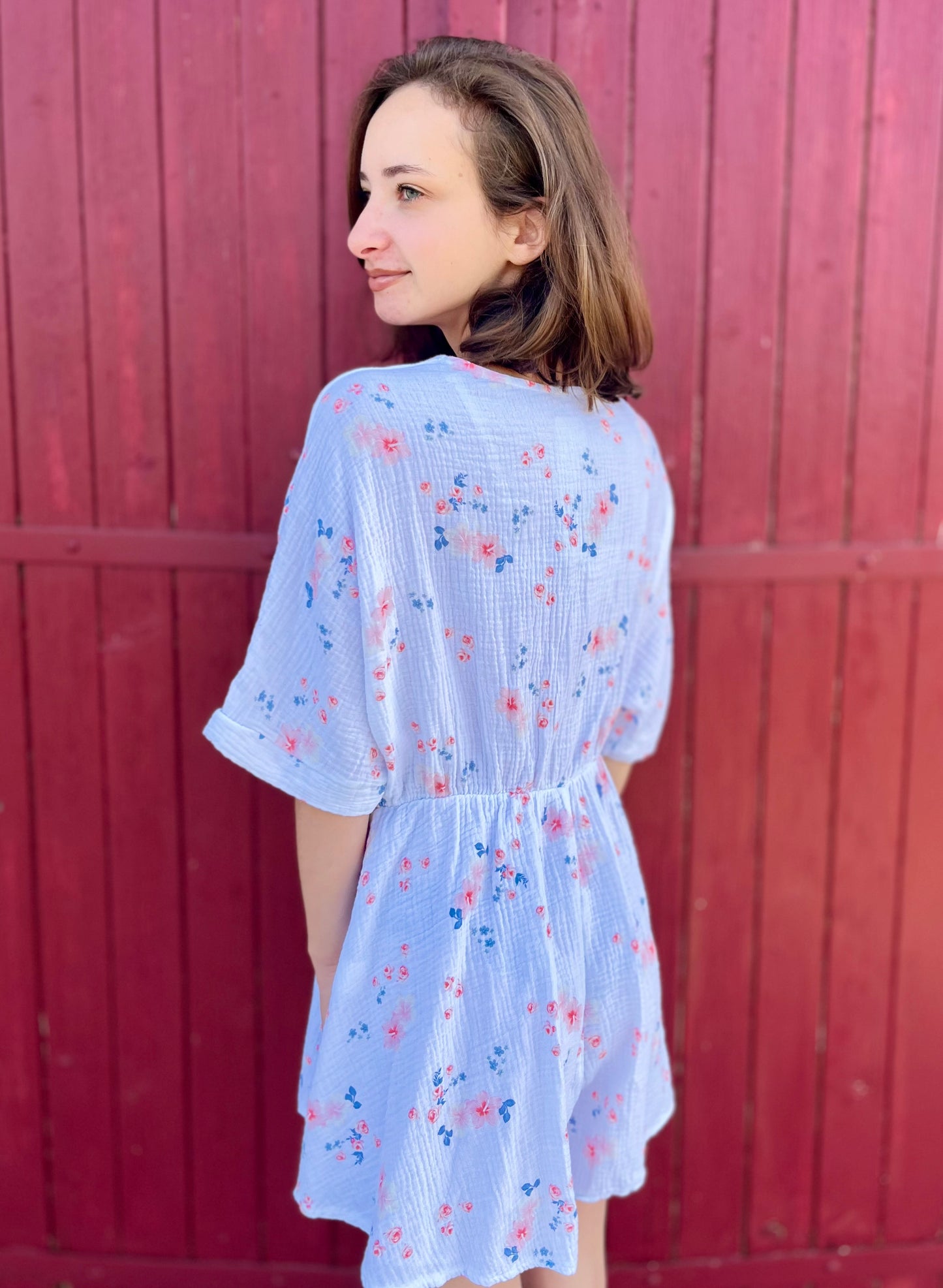 Combi-short fleurie gaze de coton - blanc