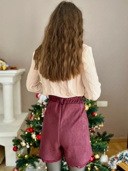 Short suédine avec dentelle - bordeaux