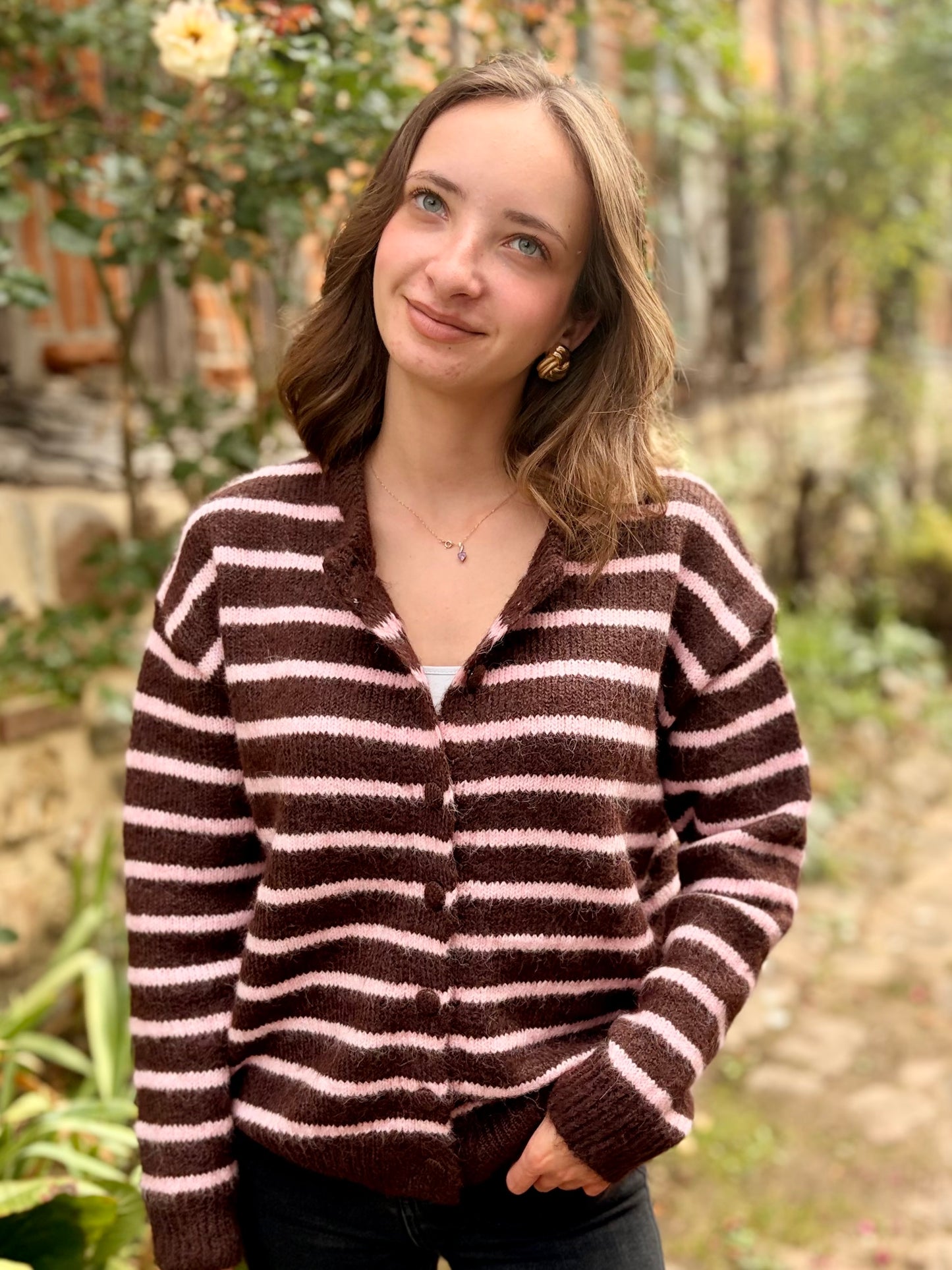 Gilet à rayures - marron et rose