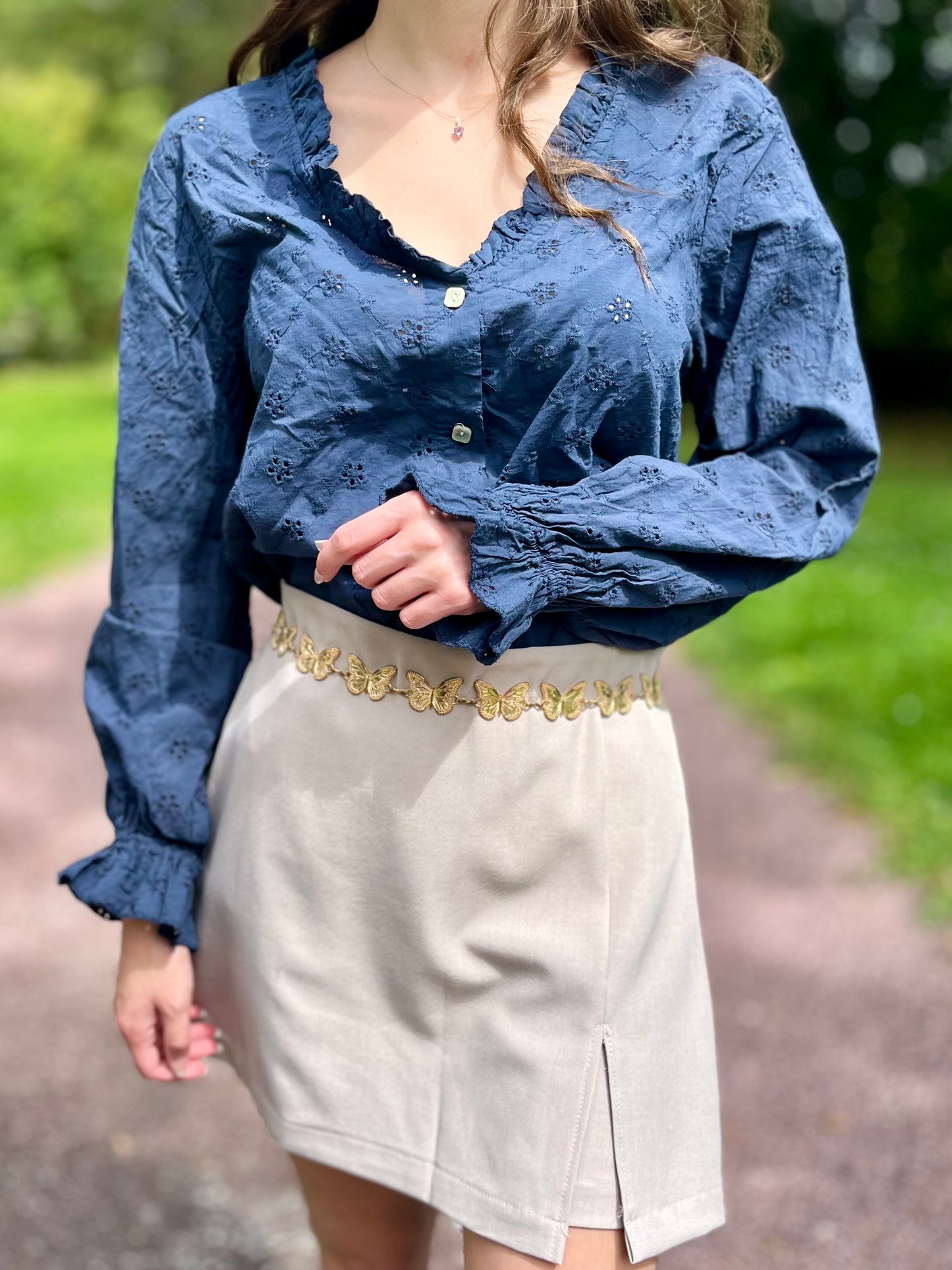 Blouse broderie 100% coton - bleu marine