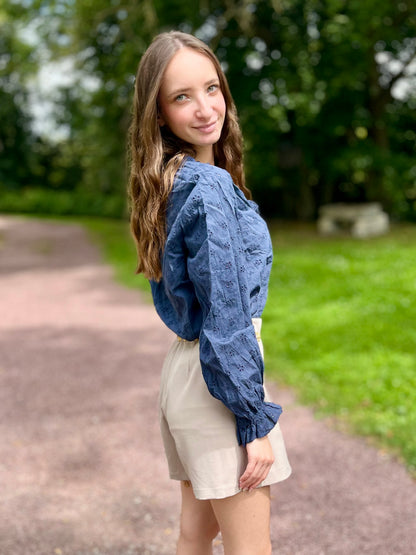 Blouse broderie 100% coton - bleu marine