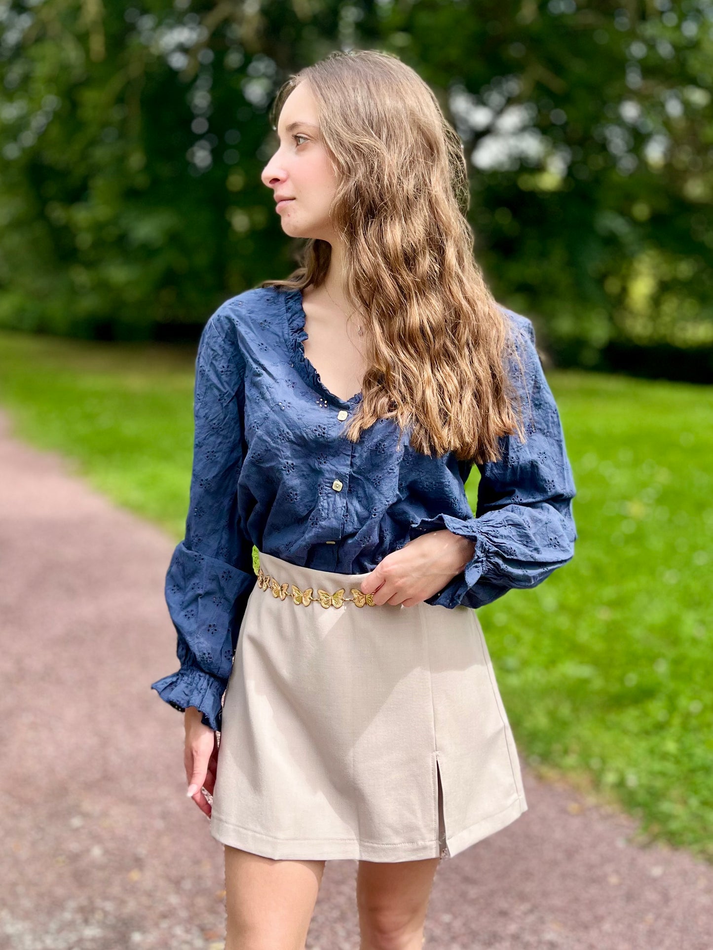 Blouse broderie 100% coton - bleu marine