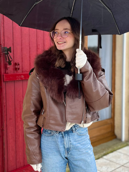 Manteau similicuir fourrure - marron