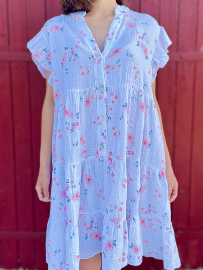 Robe fleurie gaze de coton - blanc