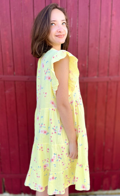 Robe fleurie gaze de coton - jaune