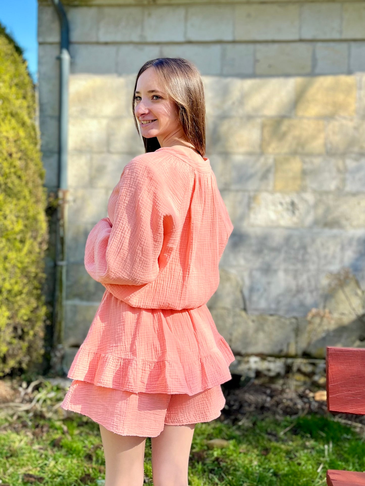 Combishort en gaze de coton - corail