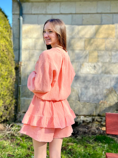 Combishort en gaze de coton - corail