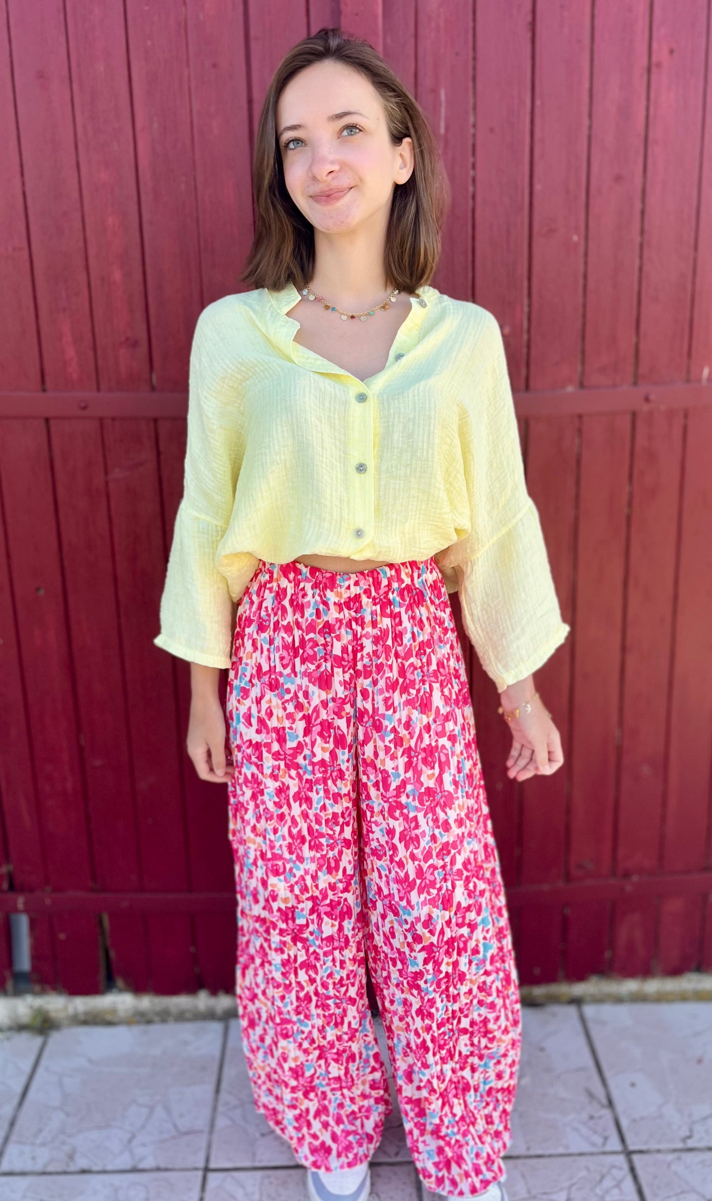 Pantalon plissé à motifs - rose fuchsia