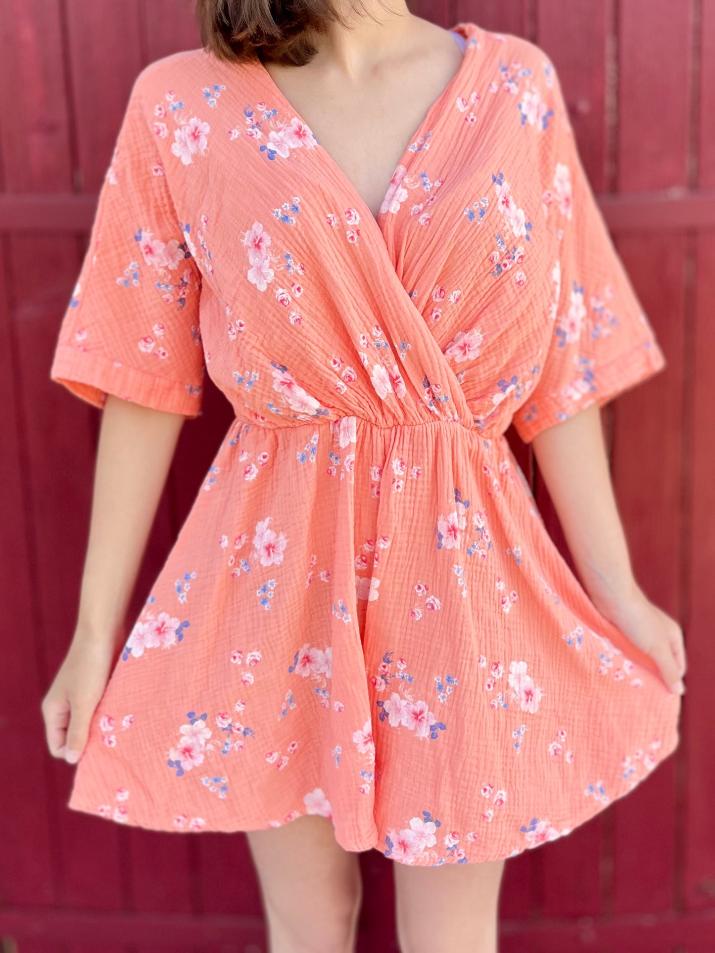 Combi-short fleurie gaze de coton - orange