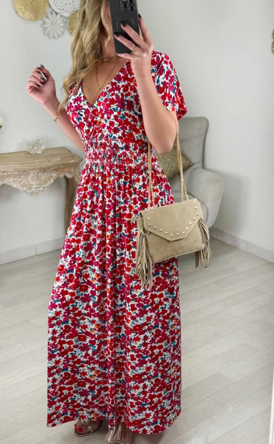 Robe longue fleurie - rouge