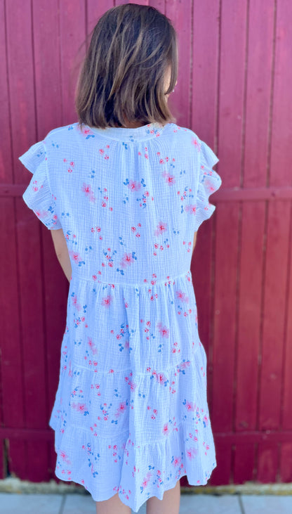 Robe fleurie gaze de coton - blanc