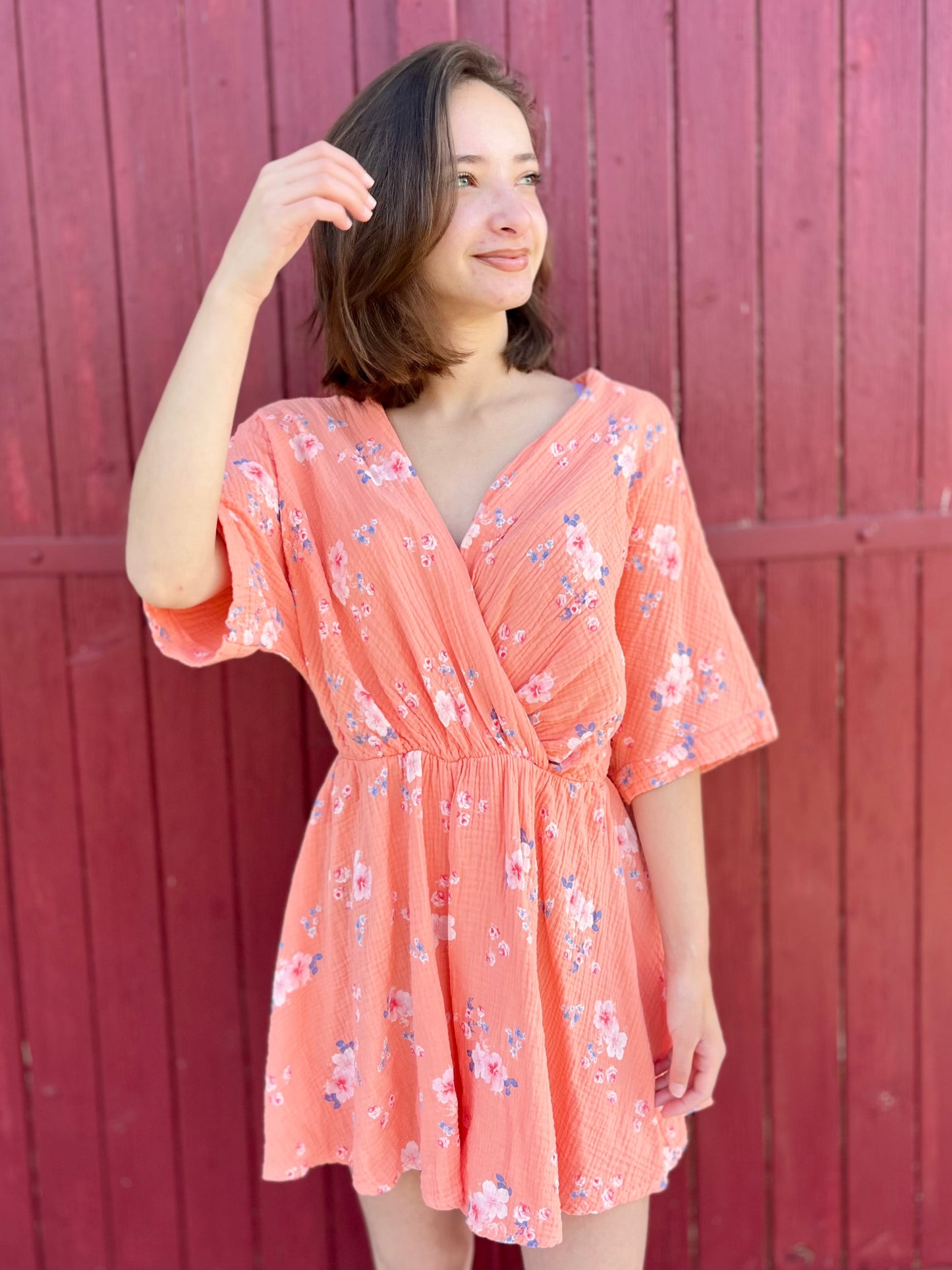 Combi-short fleurie gaze de coton - orange