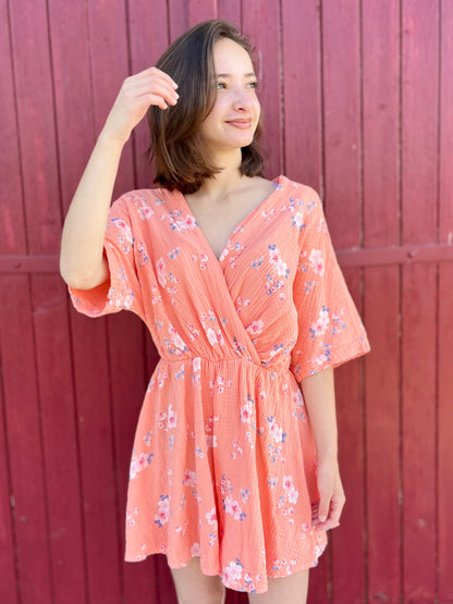 Combi-short fleurie gaze de coton - orange