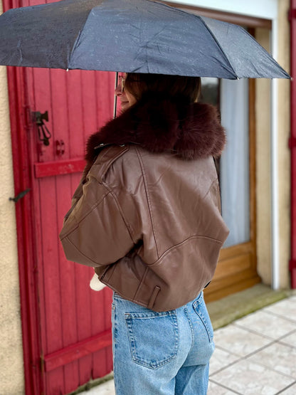 Manteau similicuir fourrure - marron