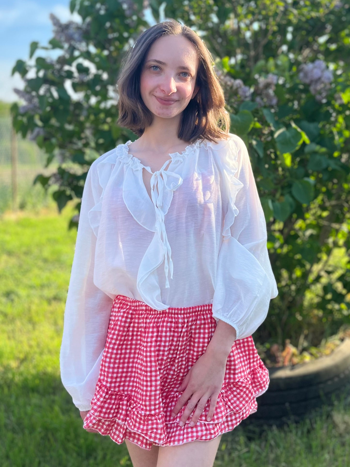 Jupe short motifs Vichy - rouge