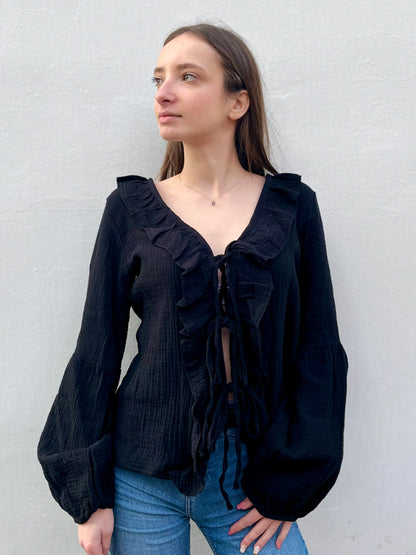 Blouse à noeud en coton - noir