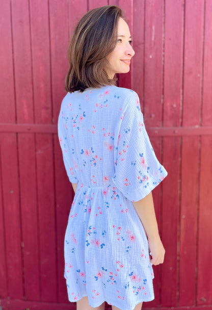 Combi-short fleurie gaze de coton - blanc