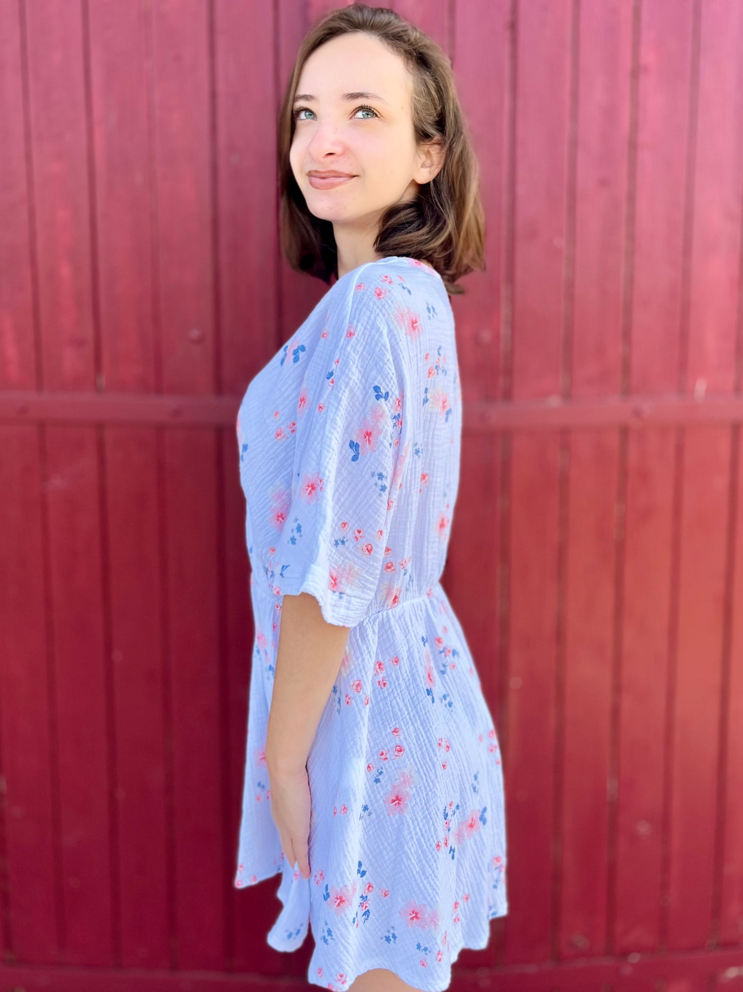 Combi-short fleurie gaze de coton - blanc