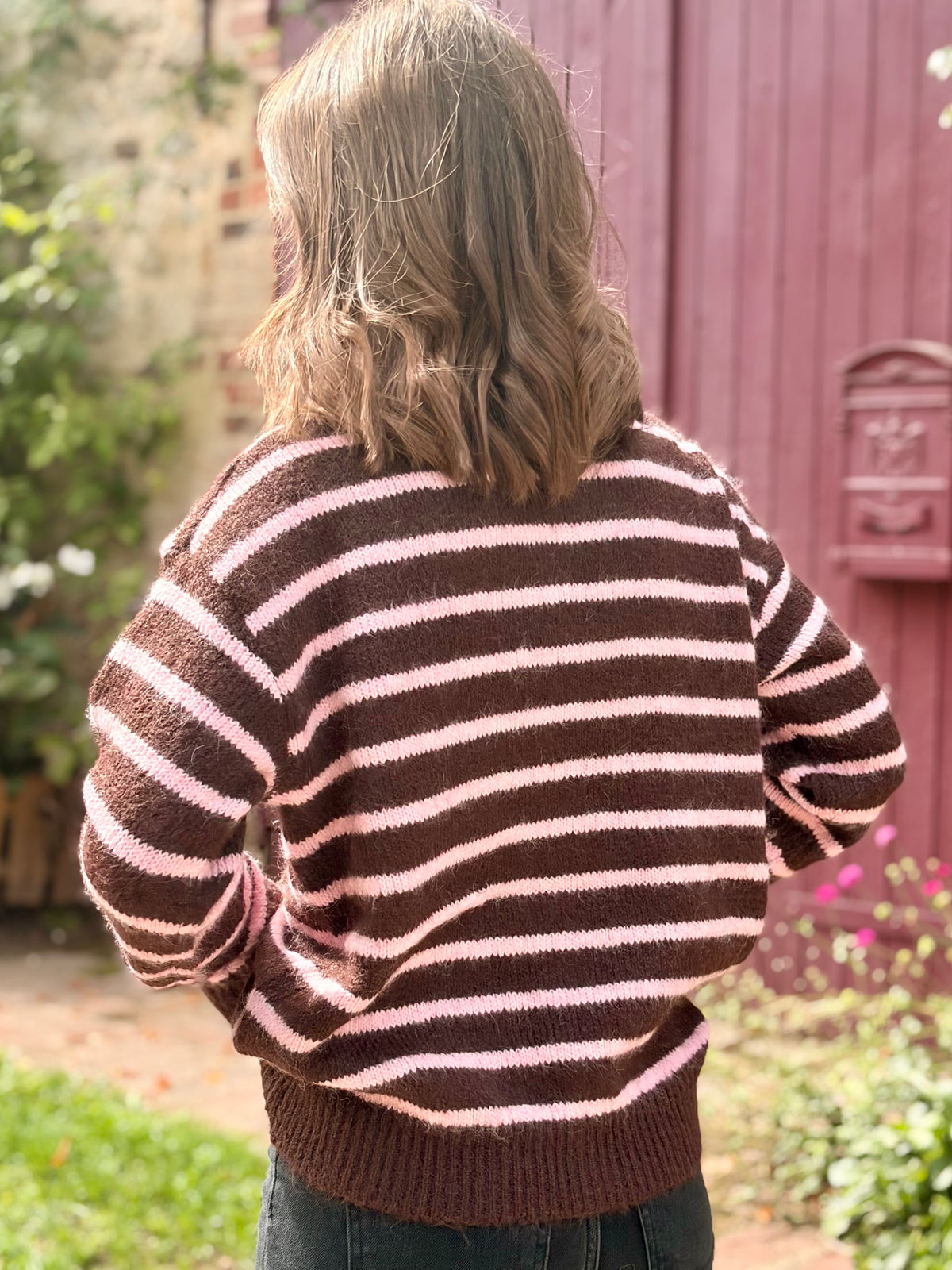 Gilet à rayures - marron et rose