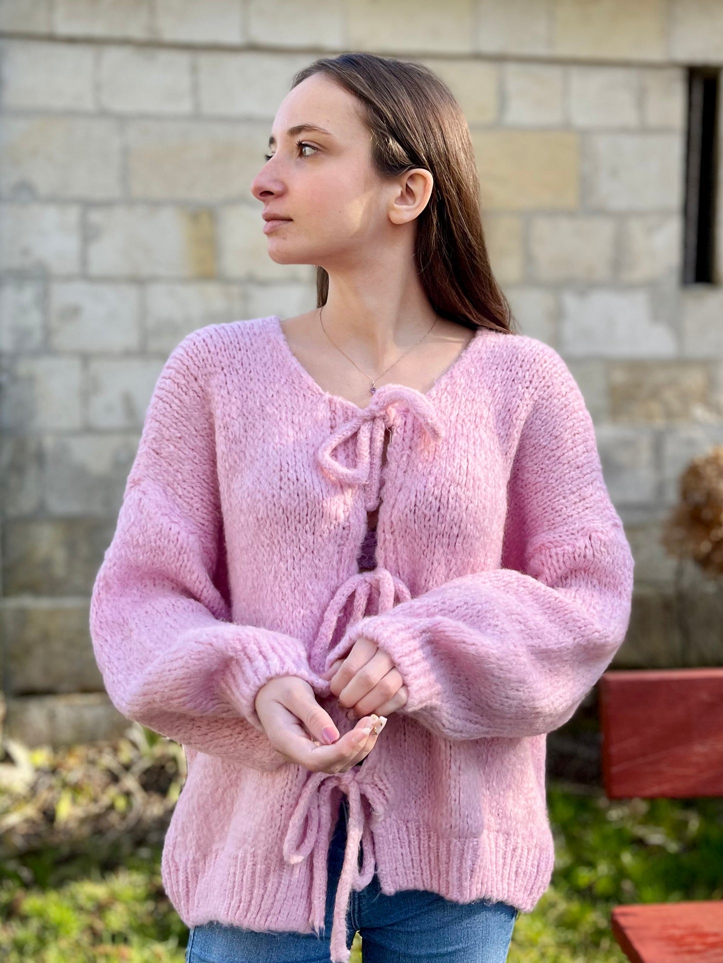 Gilet en laine avec noeud - rose pale