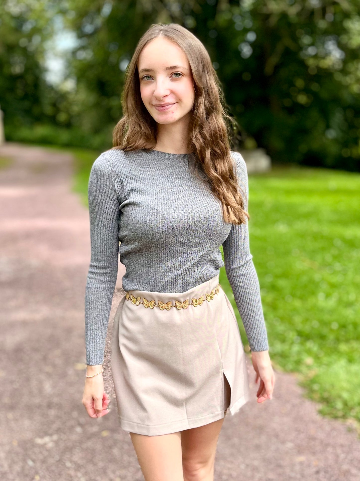 Top maille col rond - gris foncé