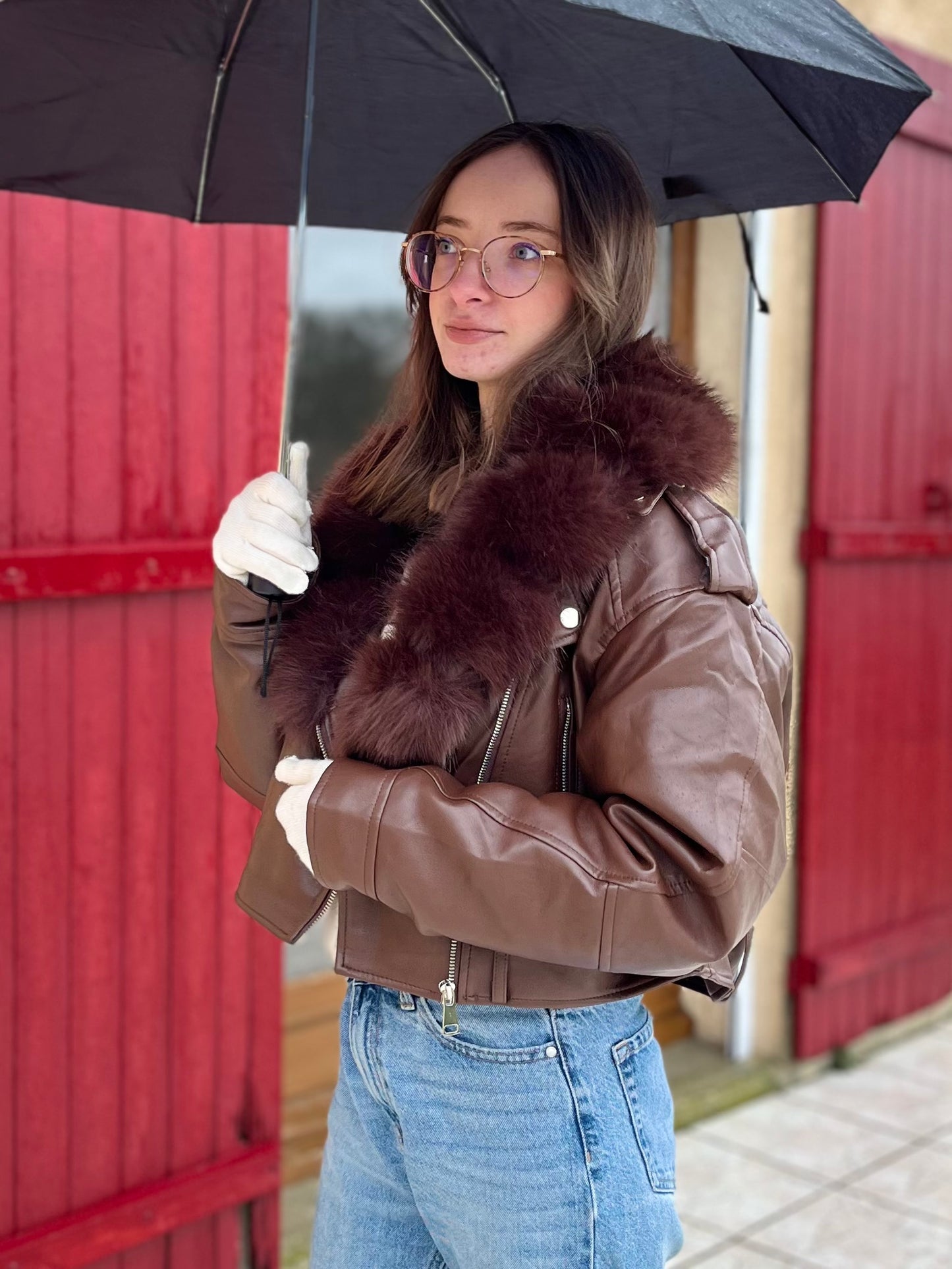 Manteau similicuir fourrure - marron