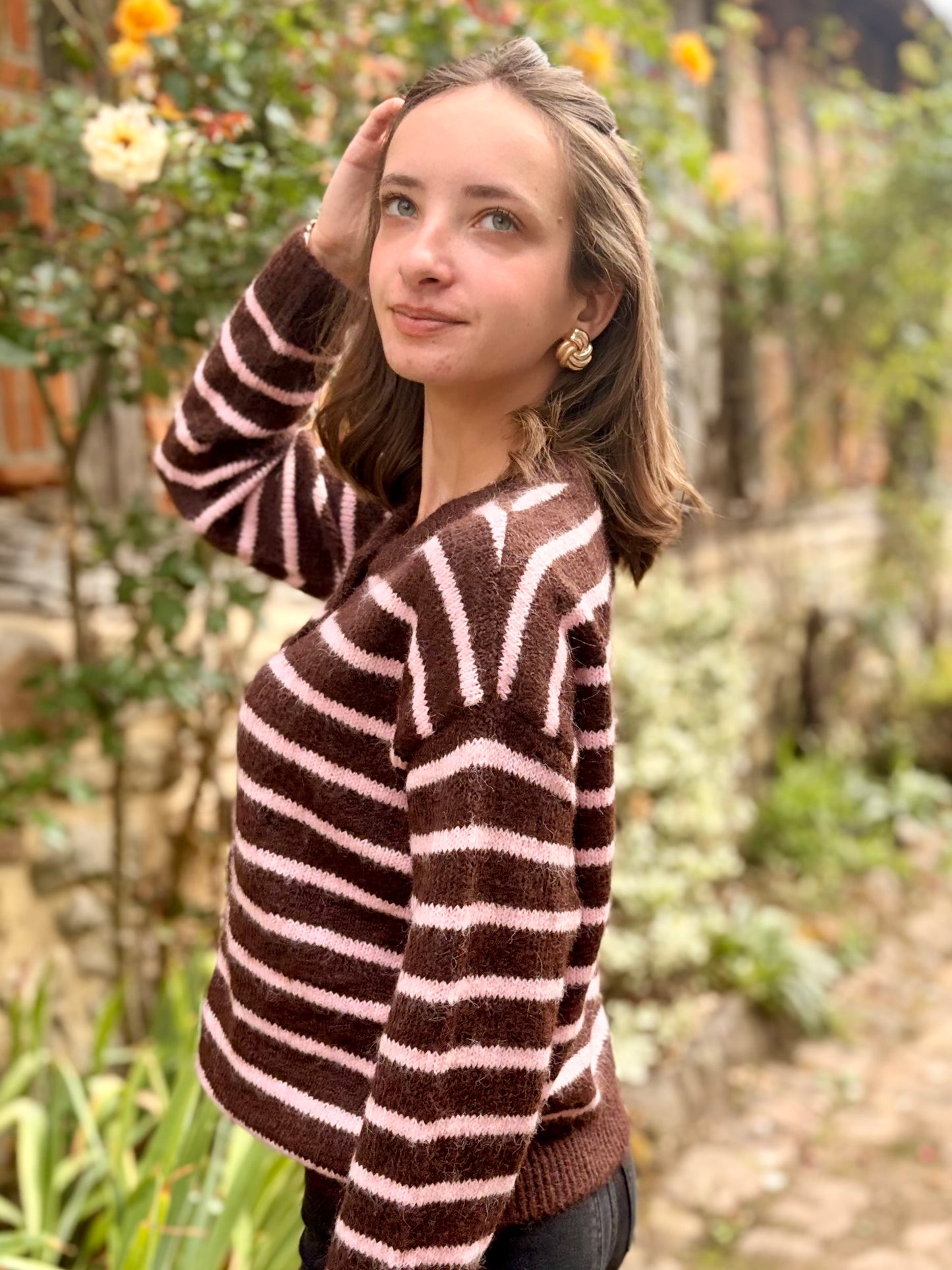 Gilet à rayures - marron et rose