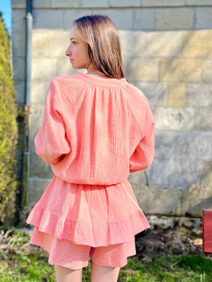 Combishort en gaze de coton - corail