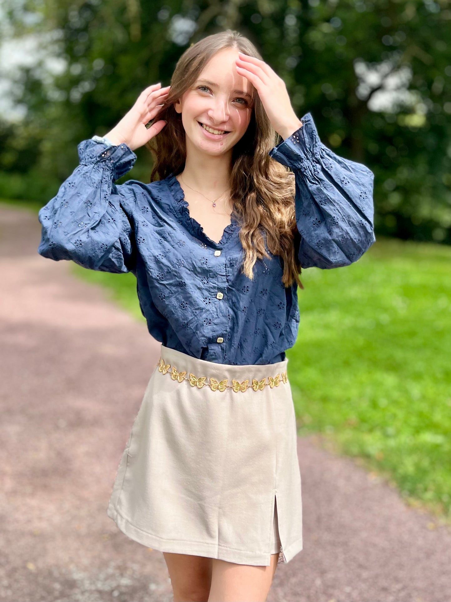 Blouse broderie 100% coton - bleu marine