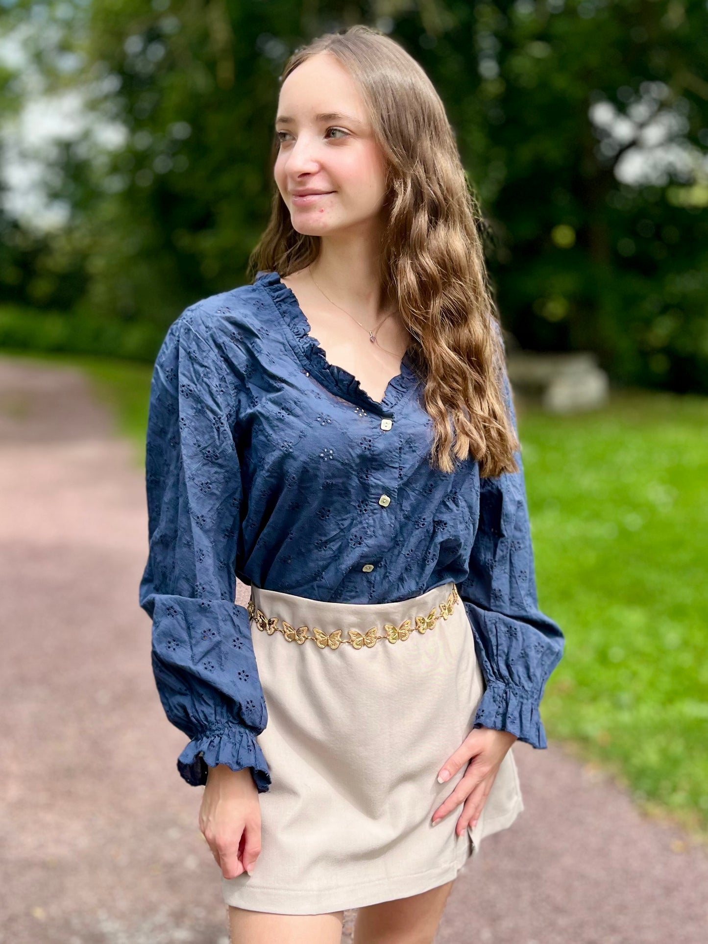 Blouse broderie 100% coton - bleu marine
