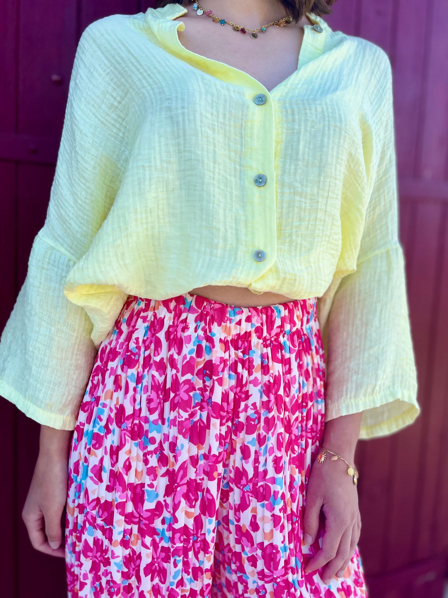 Pantalon plissé à motifs - rose fuchsia