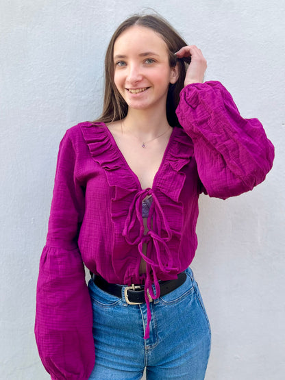 Blouse à noeud en coton - mauve