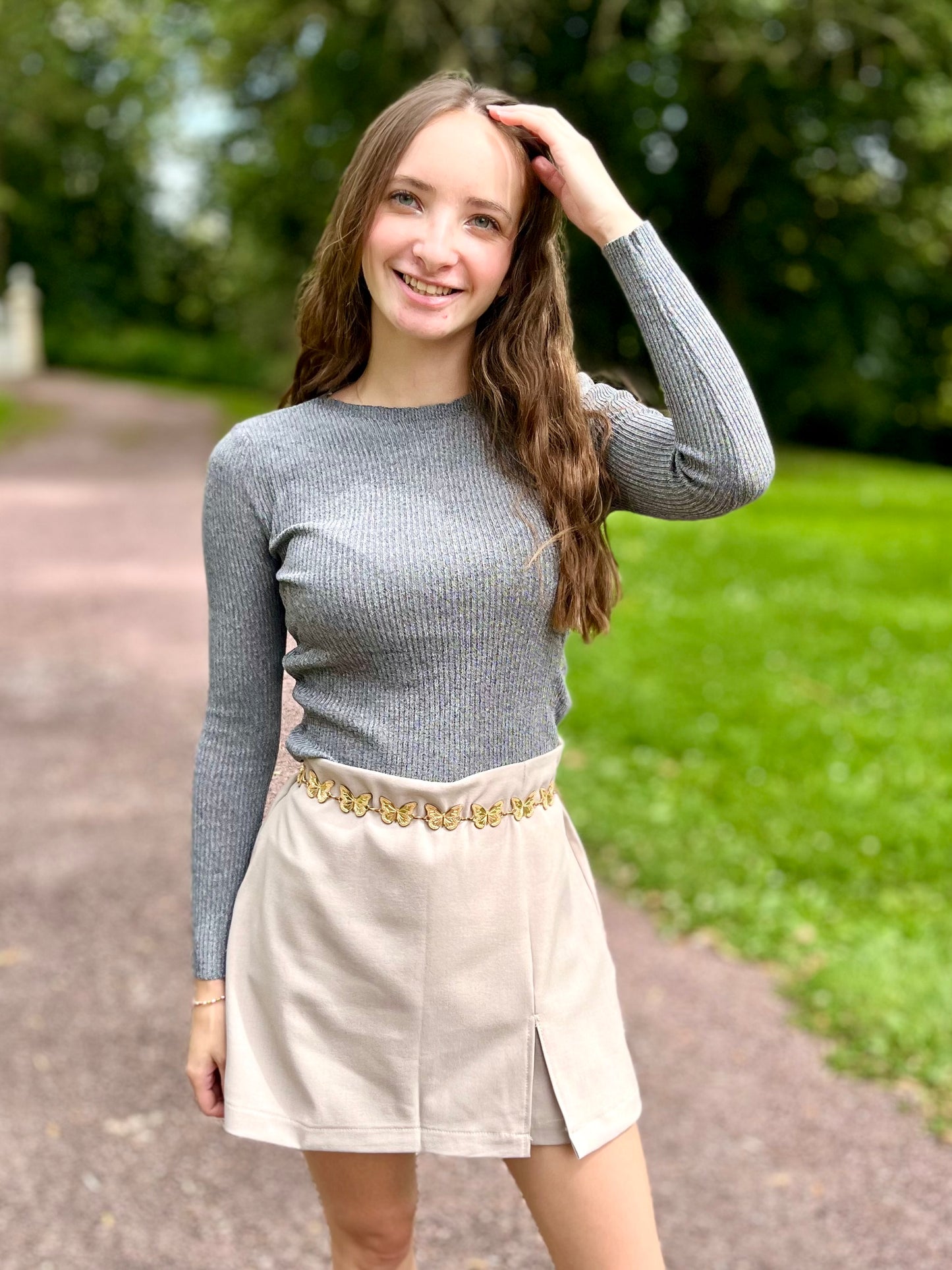 Top maille col rond - gris foncé