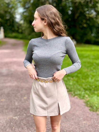 Top maille col rond - gris foncé