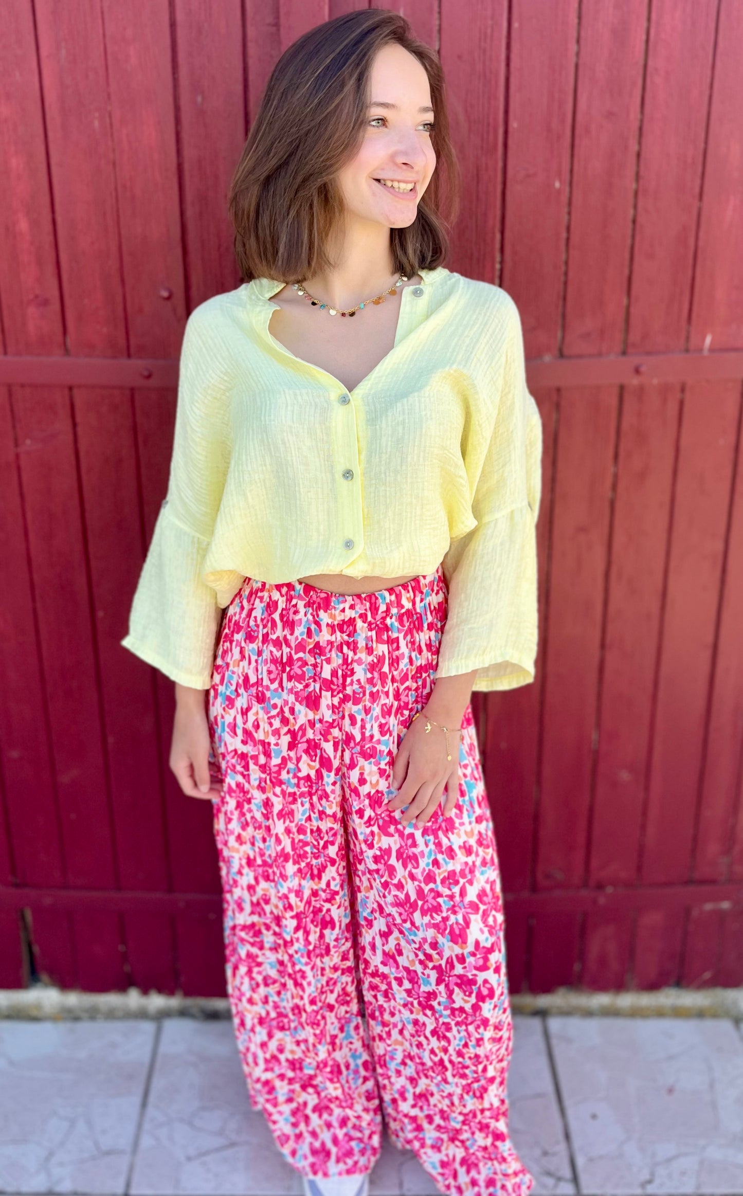 Pantalon plissé à motifs - rose fuchsia