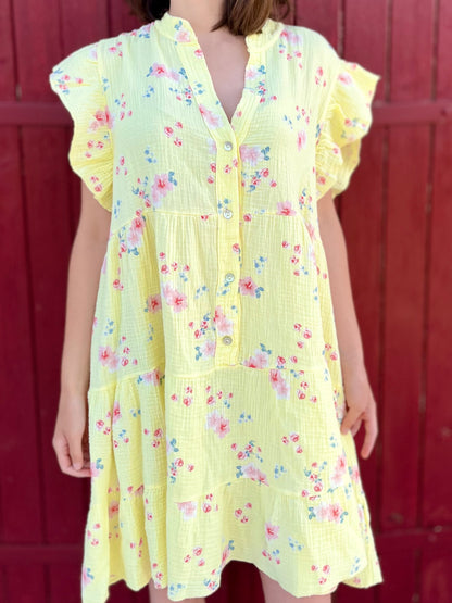 Robe fleurie gaze de coton - jaune