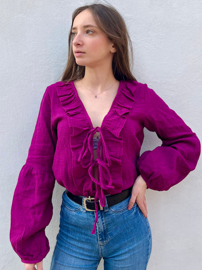 Blouse à noeud en coton - mauve