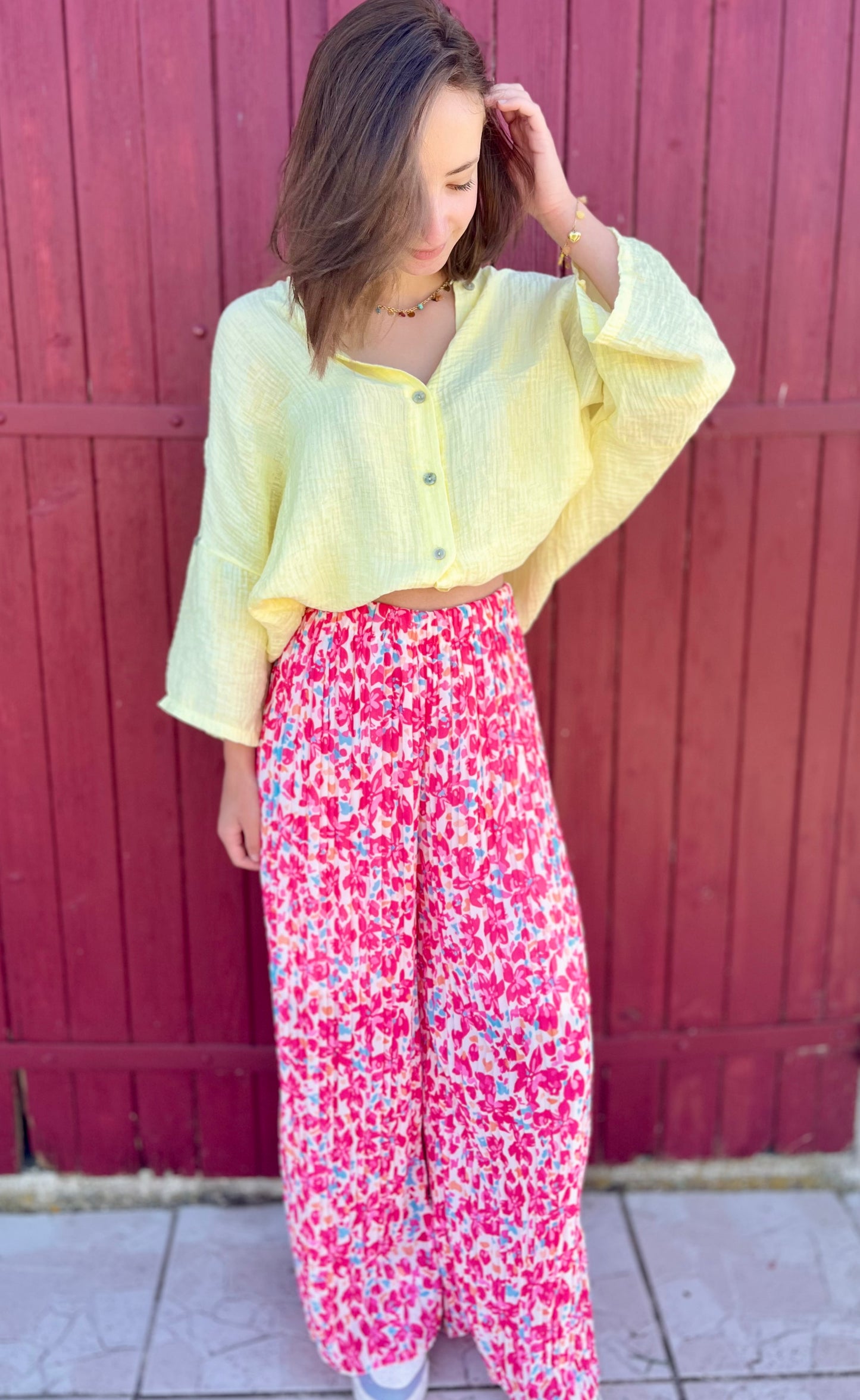 Pantalon plissé à motifs - rose fuchsia