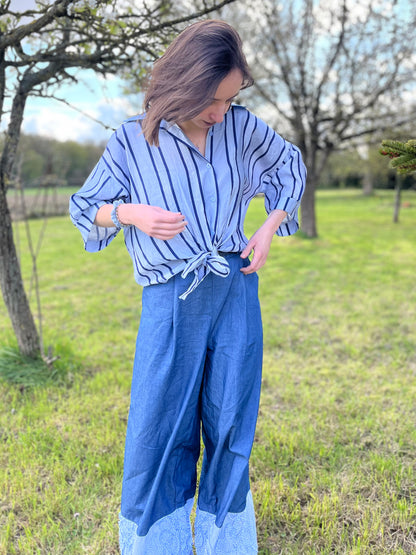 Pantalon large bas broderie - bleu jeans