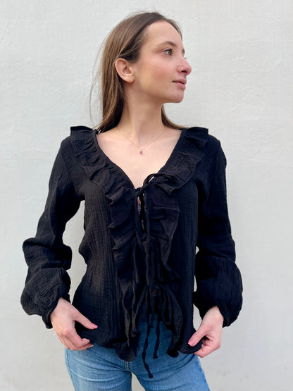 Blouse à noeud en coton - noir