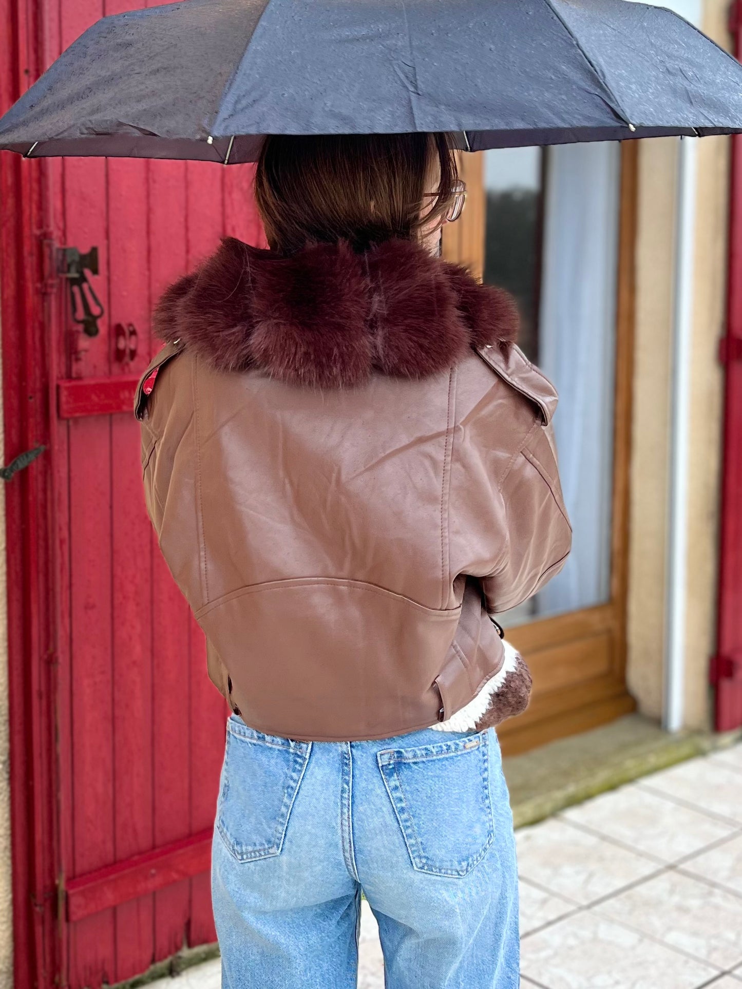 Manteau similicuir fourrure - marron